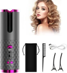 Unbound Cordless Auto Rotating Ceramic Hair Curler USB Rechargeable Automatic Curling Iron LED Display Temperature Wave Curler, Grey